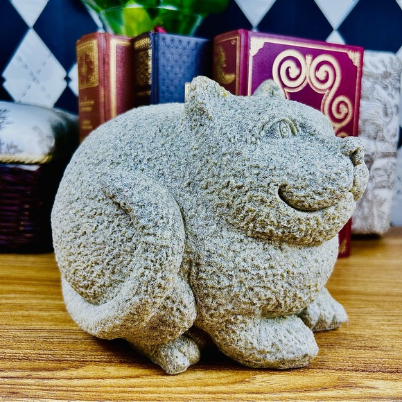 Vintage Large Fat Cat Sculpture Stone-Textured Folk Art Figurine Whimsical - Picture 11 of 15